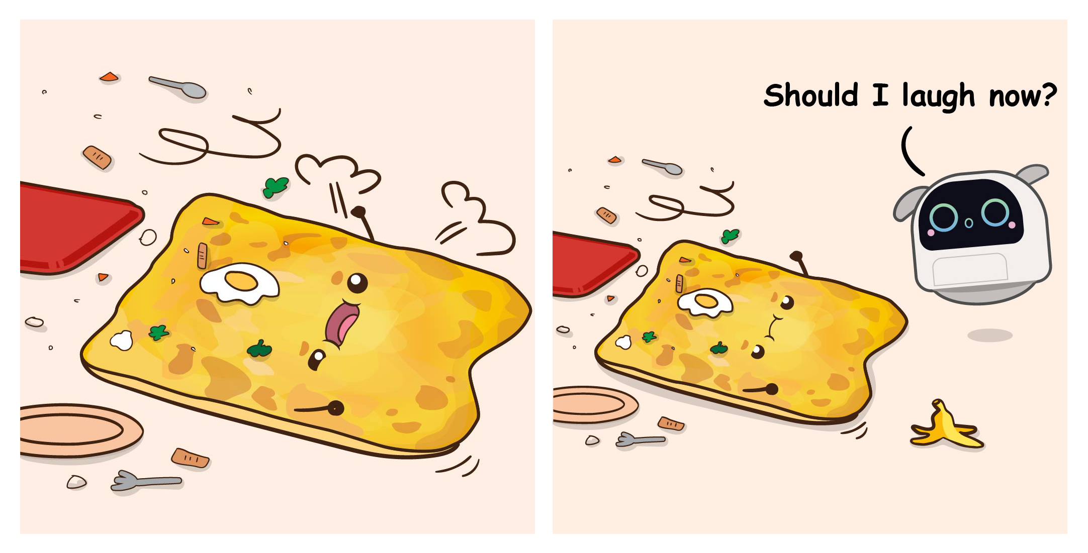 Cartoon of a fallen omelet amid utensils; a small robot asks, Should I laugh now?